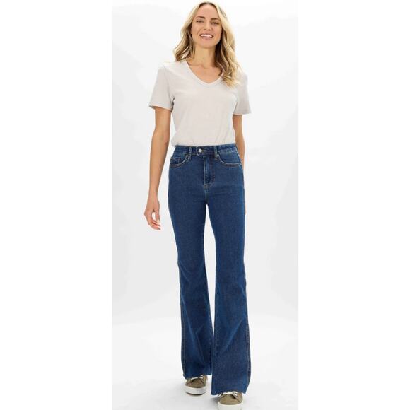 JUDY BLUE HIGH WAIST TUMMY CONTROL FLARE JEANS Raw hem, size 7/28, MSRP $89 - Picture 1 of 15